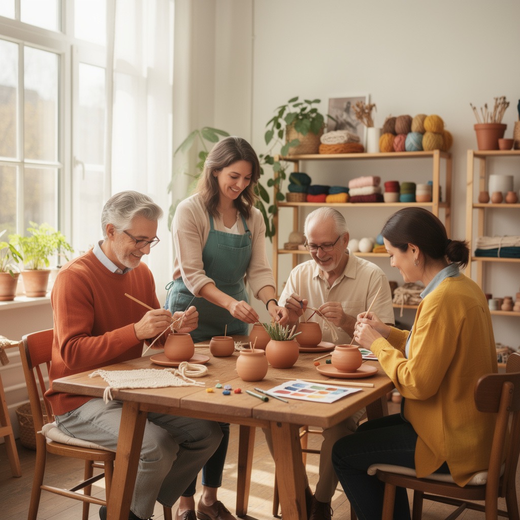 Integrantes de un taller creativo de ADRIFRA trabajando en manualidades grupales